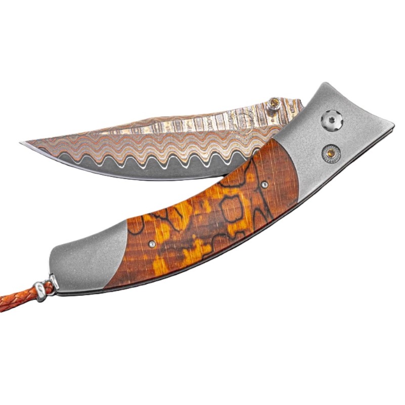 William Henry Humboldt Titanium pocketknife with Copper Wave damascus and orange spalted beech wood